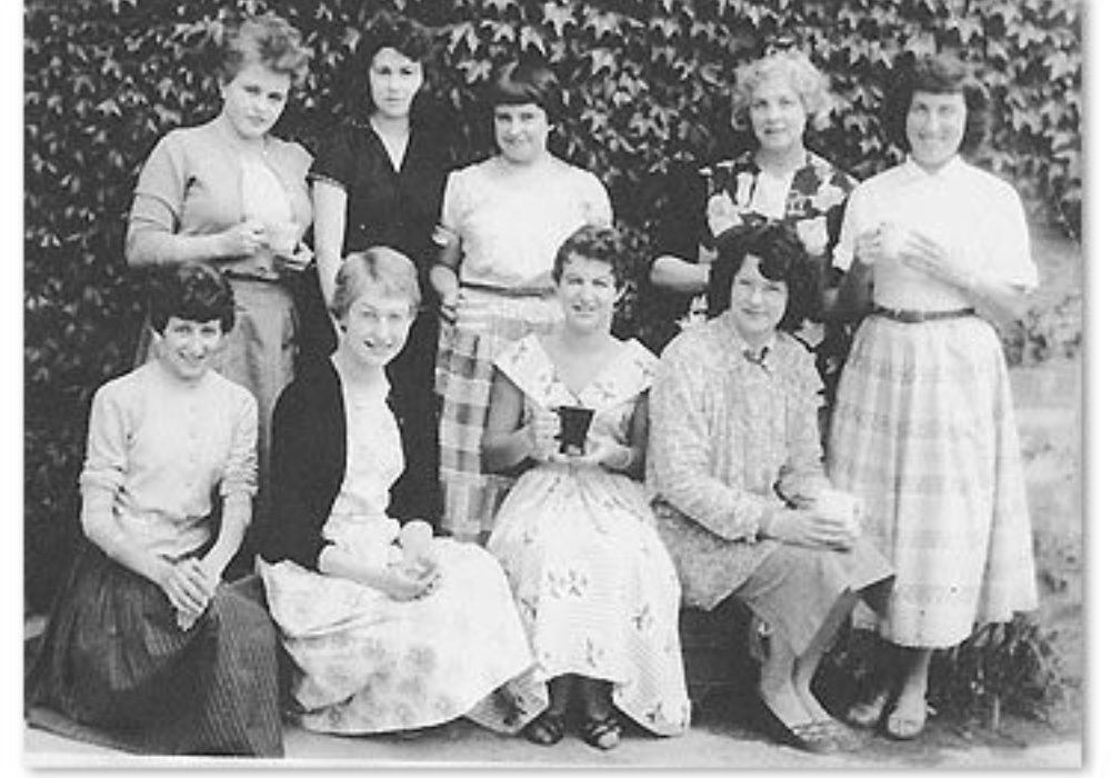 Black and white photo of the female factory team at the Marlborough Tiles Factory