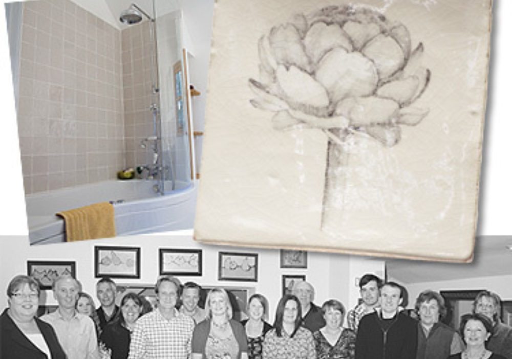 A black and white image of the Marlborough Tiles team in 2011 with a bathroom image and a floral botanical tile.