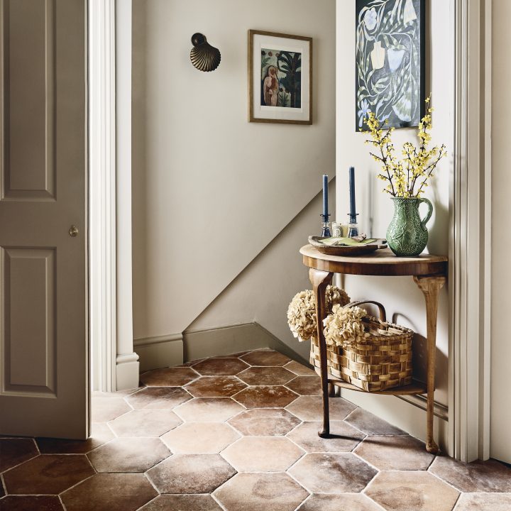 Art Director for Soho Home, Harriet Howarth and her fiancé Oli, have used our Andalucia Granada hexagon tiles in their hallway to striking effect.