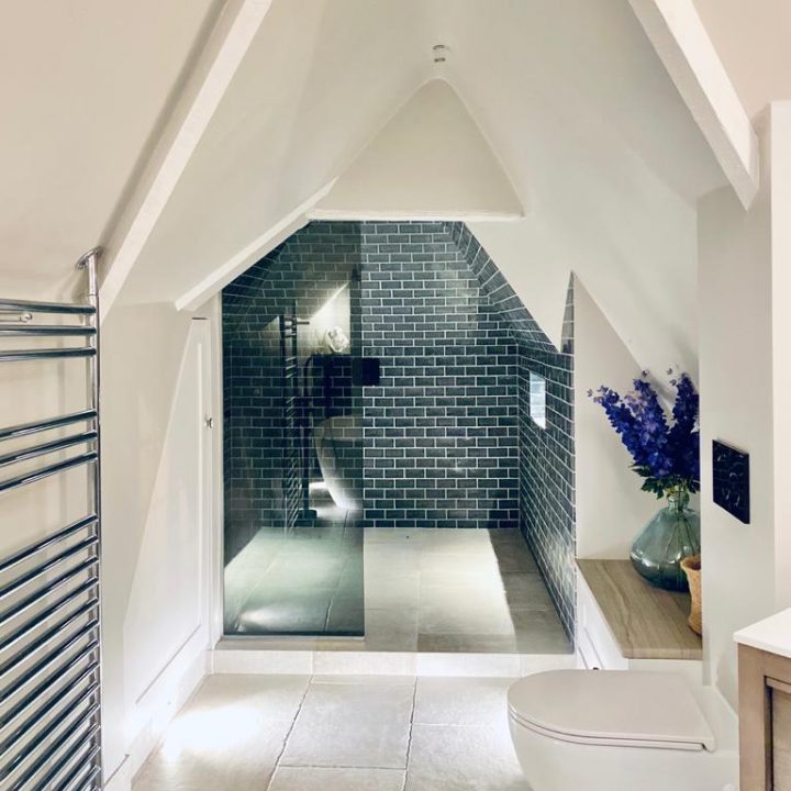 This inspirational bathroom design by Jess Weeks shows how the use of a strong colour can transform an awkward space. The tiles shown here are Savernake Manton Hollow on the walls and Ridgeway Uffington on the floor.