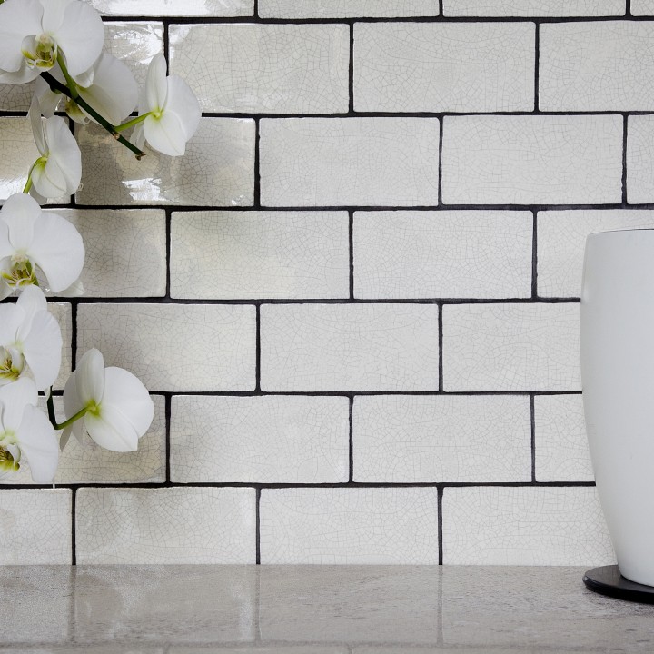 Wall of aged crackle glazed small brick tiles with black grout behind a trailing orchid and white vase