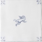 Cut out image of one white tile with a blue delft illustration of a cherub and ornate floral corners