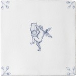 Cut out image of one white tile with a blue delft illustration of a cherub and ornate floral corners