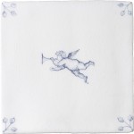 Cut out image of one white tile with a blue delft illustration of a cherub and ornate floral corners