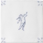 Cut out image of one white tile with a blue delft illustration of a cherub and ornate floral corners