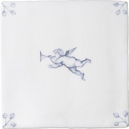 Cut out image of one white tile with a blue delft illustration of a cherub and ornate floral corners