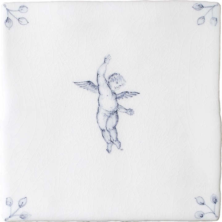 Cut out image of one white tile with a blue delft illustration of a cherub and ornate floral corners