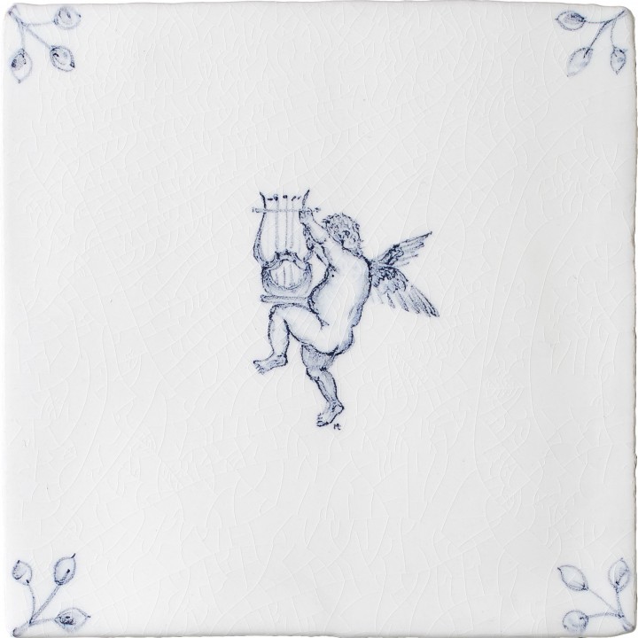 Cut out image of one white tile with a blue delft illustration of a cherub and ornate floral corners