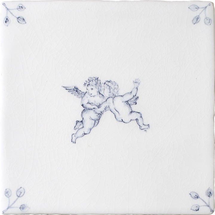 Cut out image of one white tile with a blue delft illustration of a cherub and ornate floral corners