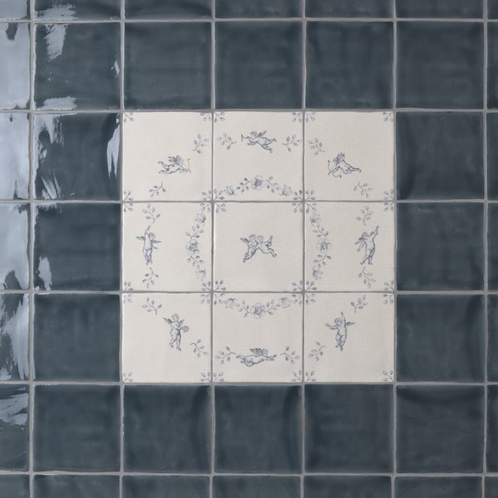 Panel of 9 square tiles with delft illustration of cherups framed with blue square tiles with medium grout