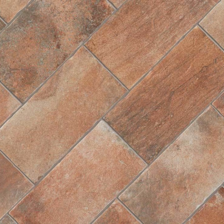 A flat lay of Granada Large Brick tiles laid in a quarter bond on the diagonal pattern and finished with Medium Grey grout
