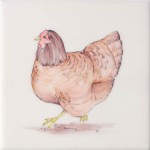 Cut out of hand painted hen square tile with ivory background