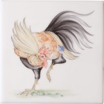 Cut out of hand painted cockerel square tile with ivory background