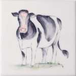 Cut out of hand painted fresian cow square tile with ivory background