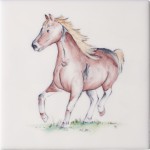 Cut out of hand painted prancing pony square tile with ivory background