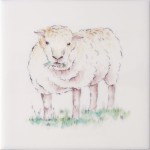 Cut out of hand painted sheep square tile with ivory background