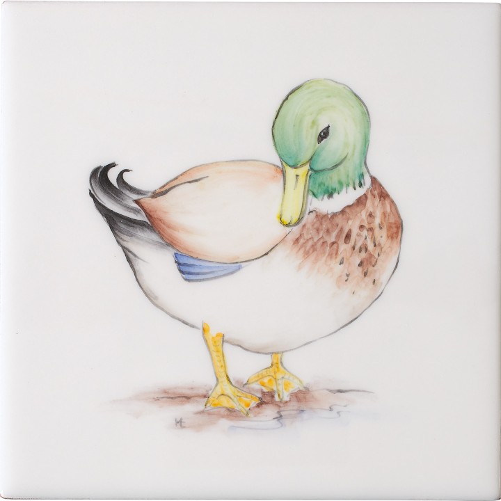 Cut out of hand painted Drake duck square tile with ivory background