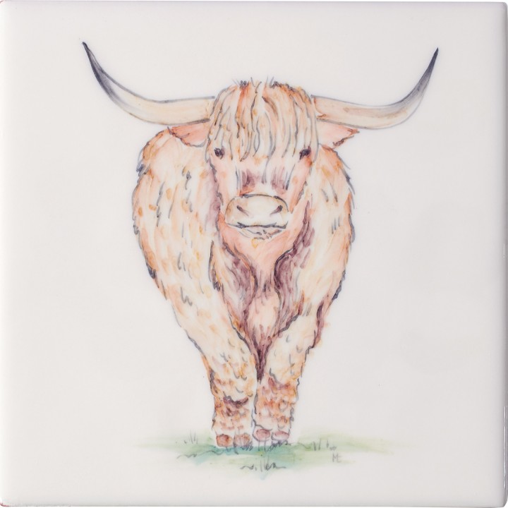 Cut out of hand painted Highland cow square tile with ivory background