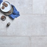 Floor of rectangle cool grey stone effect porcelain floor tile with grey grout and plates on top