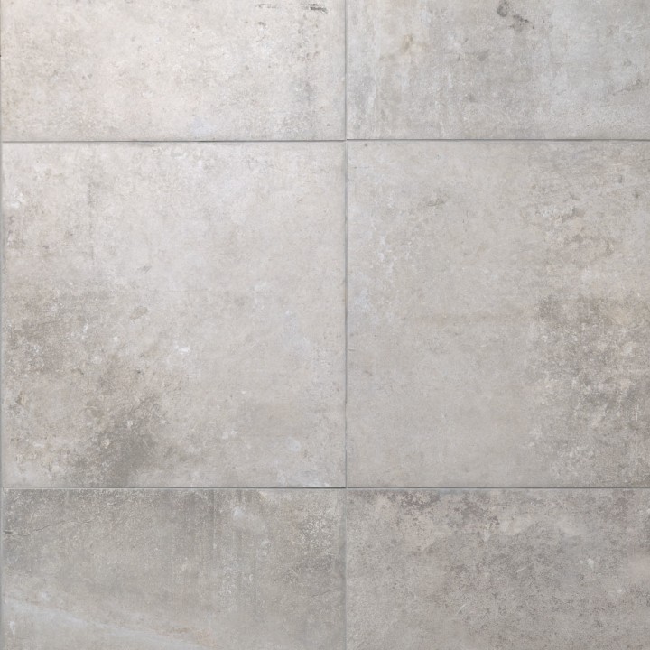 Floor of rectangle warm taupe stone effect porcelain floor tiled with grey grout