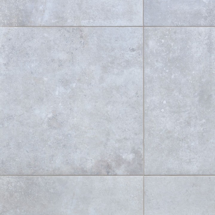 Floor of square cool grey stone effect porcelain floor tile with beige grout