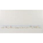 Wall of Hand painted bathroom beach square tile borders in a seaside style with sand and sea with beach huts and boats