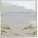 Hand painted bathroom beach square tile in a seaside style with sand and sea