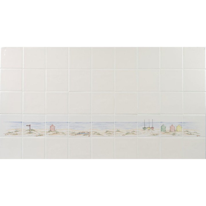 Wall of Hand painted bathroom beach square tile borders in a seaside style with sand and sea with beach huts and boats