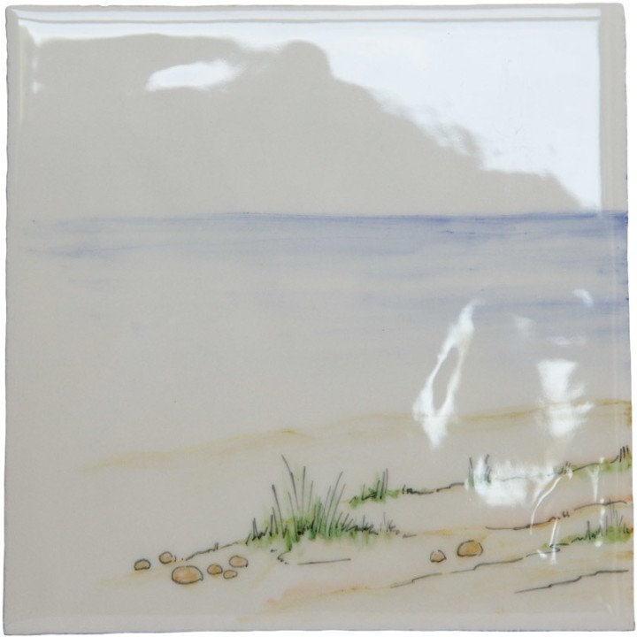 Hand painted bathroom beach square tile in a seaside style with sand and sea