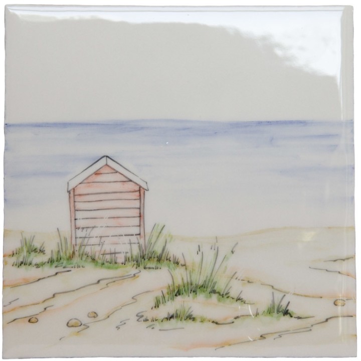 Hand painted bathroom beach square tile in a seaside style with sand and sea and a beach hut