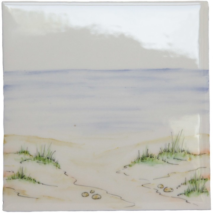 Hand painted bathroom beach square tile in a seaside style with sand and sea