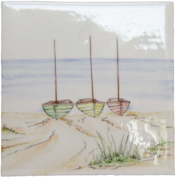 Hand painted bathroom beach square tile in a seaside style with sand and sea and three boats