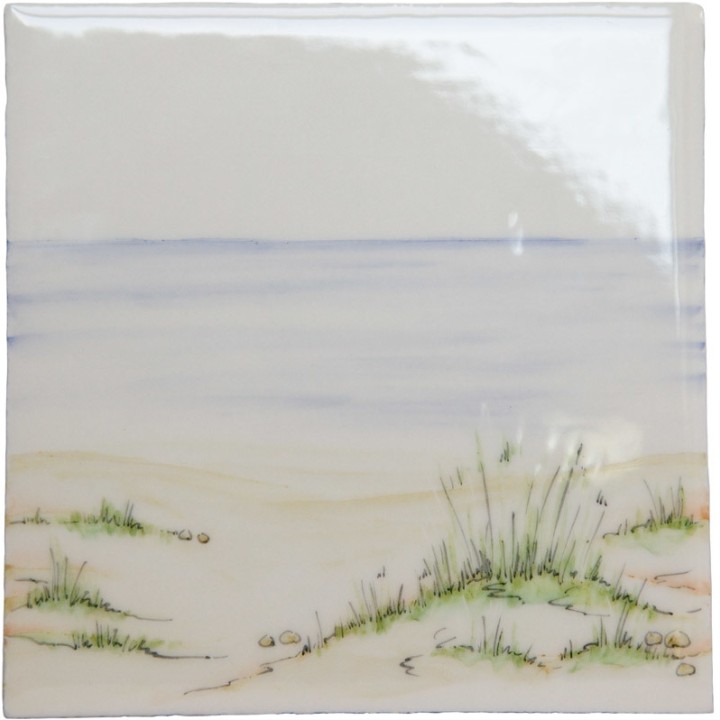 Hand painted bathroom beach square tile in a seaside style with sand and sea