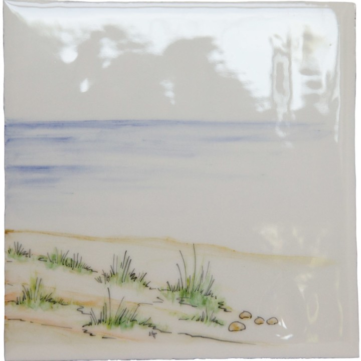 Hand painted bathroom beach square tile in a seaside style with sand and sea