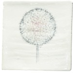 Cut out of a hand painted allium seed head square tile in a charcoal etching style