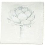 Cut out of a hand painted peony flower square tile in a charcoal etching style