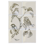 Cut out of a hand painted british bird & branch 6 tile panel in a charcoal etching style