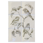 Cut out of a hand painted british bird & branch 6 tile panel in a charcoal etching style
