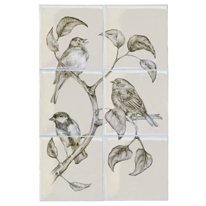 Cut out of a hand painted british bird & branch 6 tile panel in a charcoal etching style