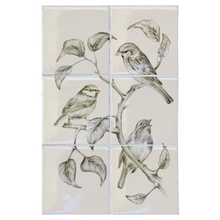 Cut out of a hand painted british bird & branch 6 tile panel in a charcoal etching style