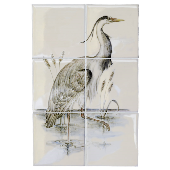 Cut out of a hand painted Lakeside Heron & branch 6 tile panel in a style