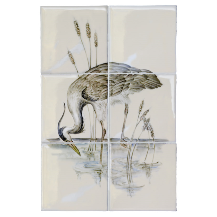 Cut out of a hand painted Lakeside Heron leaning into the lake tile panel