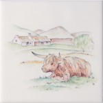 Cut out of hand painted highland cow tile with a countryside landscape and farm in the background