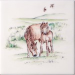 Cut out of hand painted horse and pony square tile with a countryside landscape in the background
