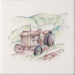 Cut out of hand painted tractor and countryside square tile with an ivory backdrop