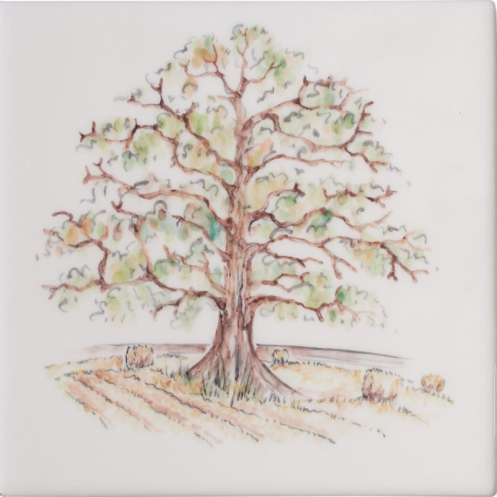Cut out of hand painted oak tree square tile with a countryside landscape in the background