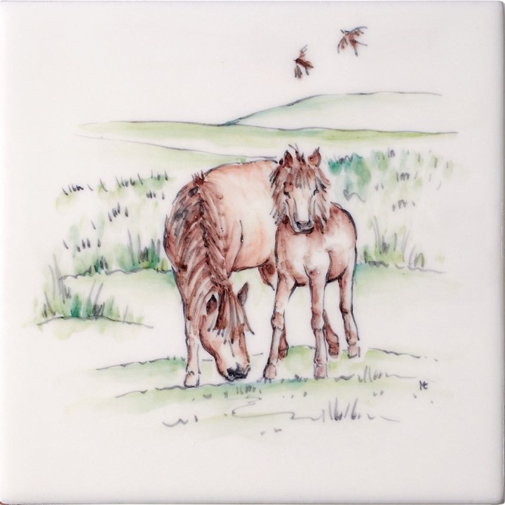 Cut out of hand painted horse and pony square tile with a countryside landscape in the background