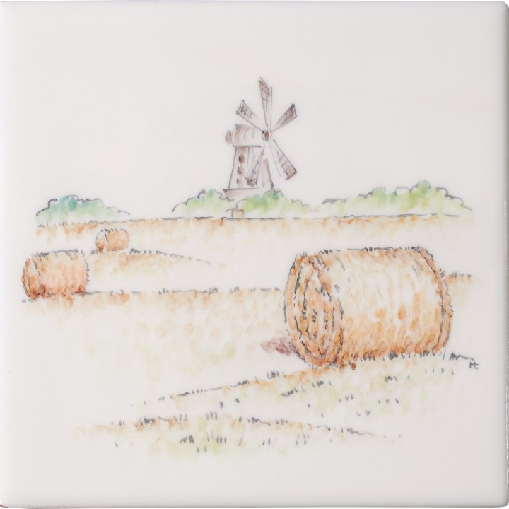 Cut out of hand painted hay bail in a field square tile with a windmill in the background