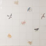 Wall of british wildlife animal square tiles, painted by hand. From squirrels and swallows to kites and moorhens