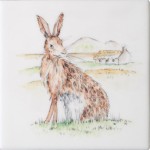 Cut out of hand painted hare square tile with an ivory background
